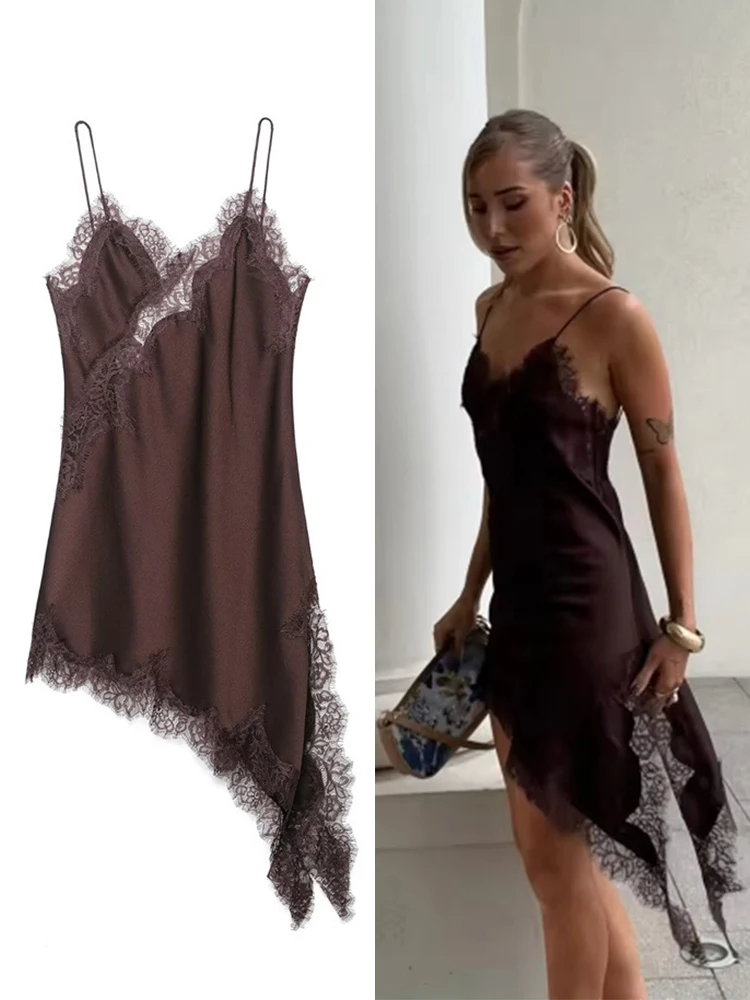 Vestido de satén suave con tirantes para mujer Vestido sexy sin espalda con ribete de encaje Vestido de fiesta retro Elegante vestido con escote en V y hombros descubiertos