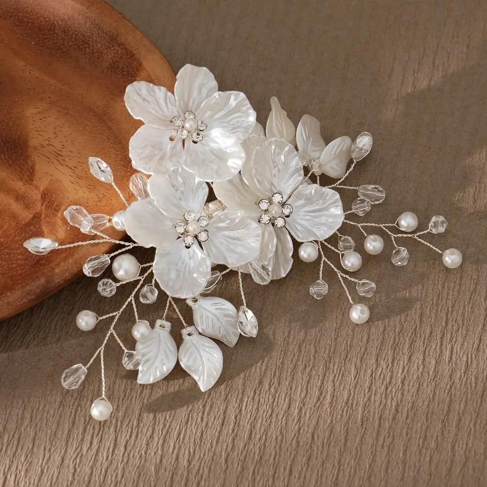 Exquisite Crystal Pearl Flower Bridal Headwear Handmade White Bride Headdress Elegant Luxury Wedding Hairpin Hair Jewelry