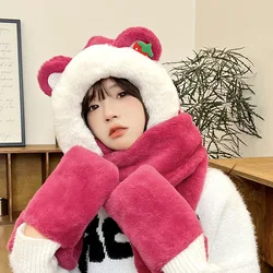 Cute Strawberry Bear Hat Scarf For Women Autumn And Winter Plush Warm Neck Versatile Cycling Cold Protection Ear Protection