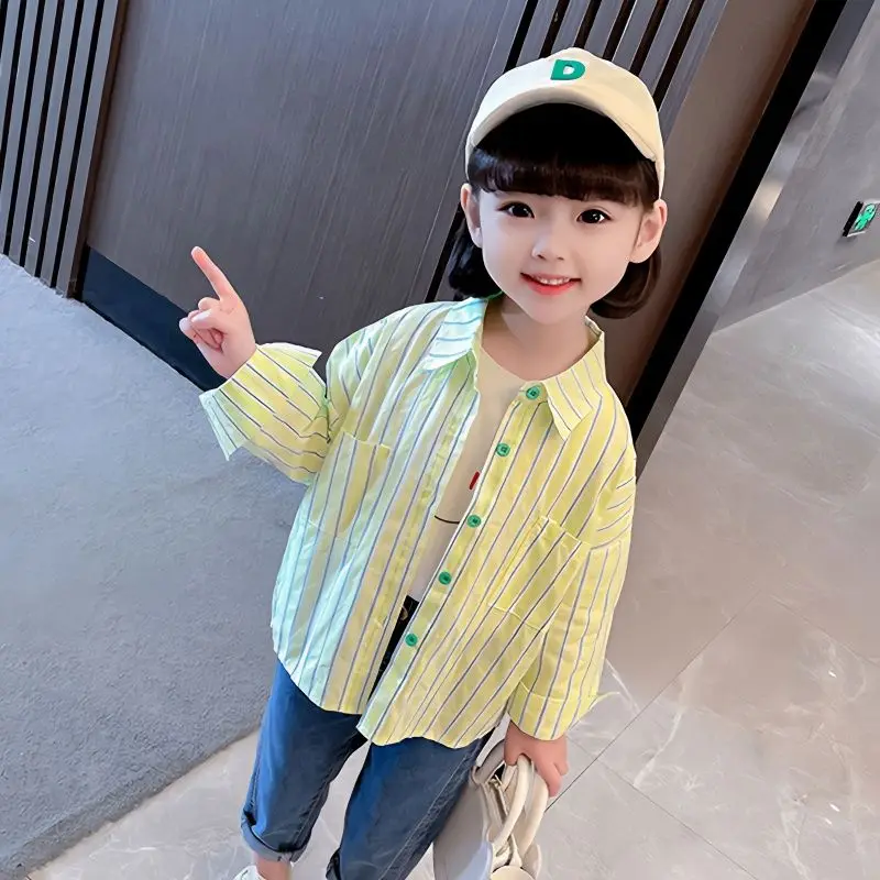 

100% Cotton Vertical Striped Long Sleeve Shirt for Girls 2026 Spring Autumn New Trendy Kids' Streetwear Shirt