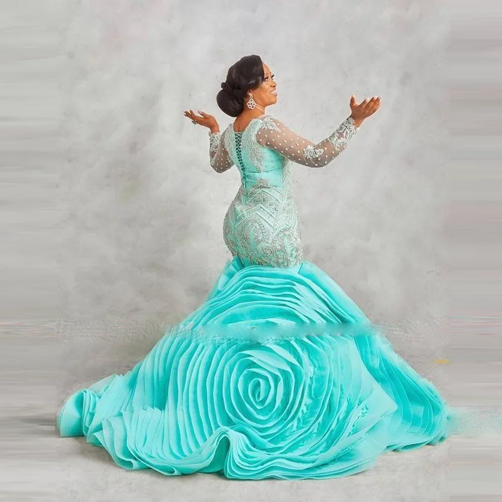 우아한 아쿠아 블루 프롬 드레스 블로섬 아플리케 정장 가운 롱 슬리브 이브닝 드레스 비딩 오간자