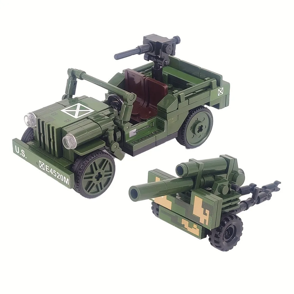 2 in 1 WW2 Military American Vehicle with Mortar Shell Armored Car Building Blocks Bricks Model Figure Moc Toys Boys Kids Gift
