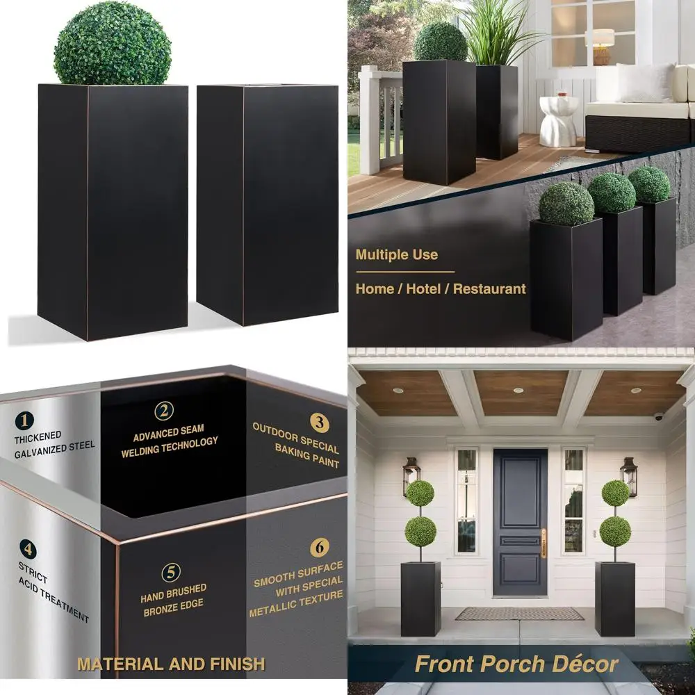 Высокий металлический ящик для цветов на открытом воздухе, 14x14x30 дюймов, матовый вручную золотой край, большая вместимость для уличных растений