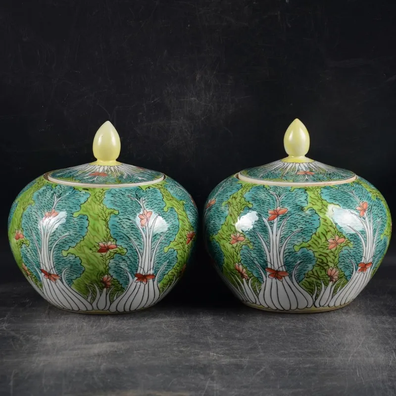 A pair Chinese Famille Rose Porcelain Pot Qing Qianlong Cabbage Pattern 6.3 inch