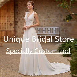 Designer Wedding Dresses For Women A-Line Jersey Deep V-Neck Lace Draped Backless With Button Court Train Bata Novia Boda