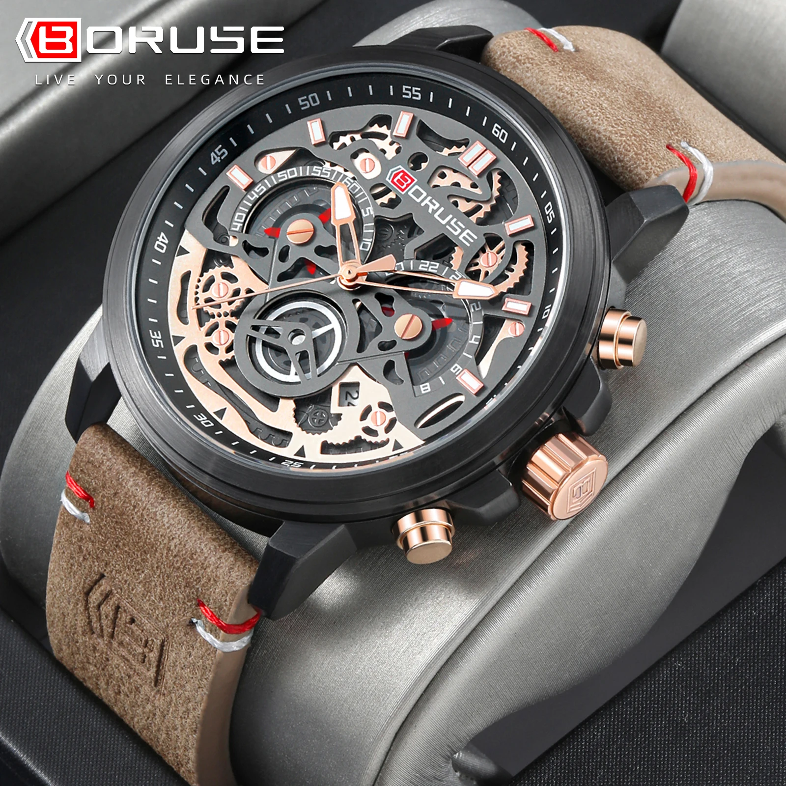 BORUSE Luxury Men\'s Quartz Wristwatch Brown Leather Strap Date Calendar Chronograph Waterproof Luminous Quartz Watch for Men