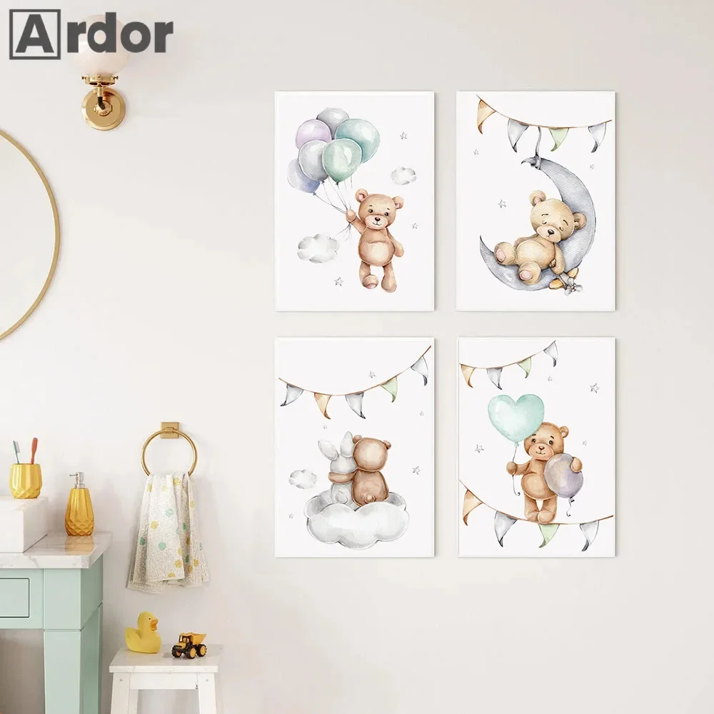 Star Moon Balloon Cloud Posters Cartoon Bear Wall Art Canvas Print Nursery Painting Poster Nordic Wall Pictures Kids Room Decor