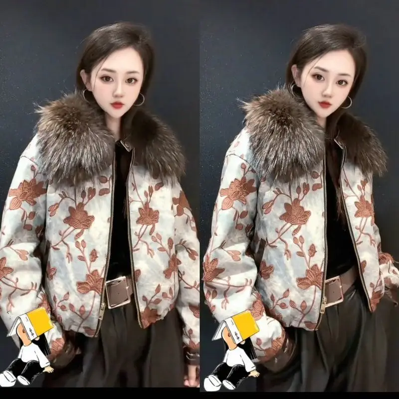 เสื้อโค้ทกันหนาวผู้หญิง แขนยาว ลายดอกไม้ คลาสสิก ซิปหน้า แต่งขนเฟอร์หรูหราถอดได้ หรือหนังแท้