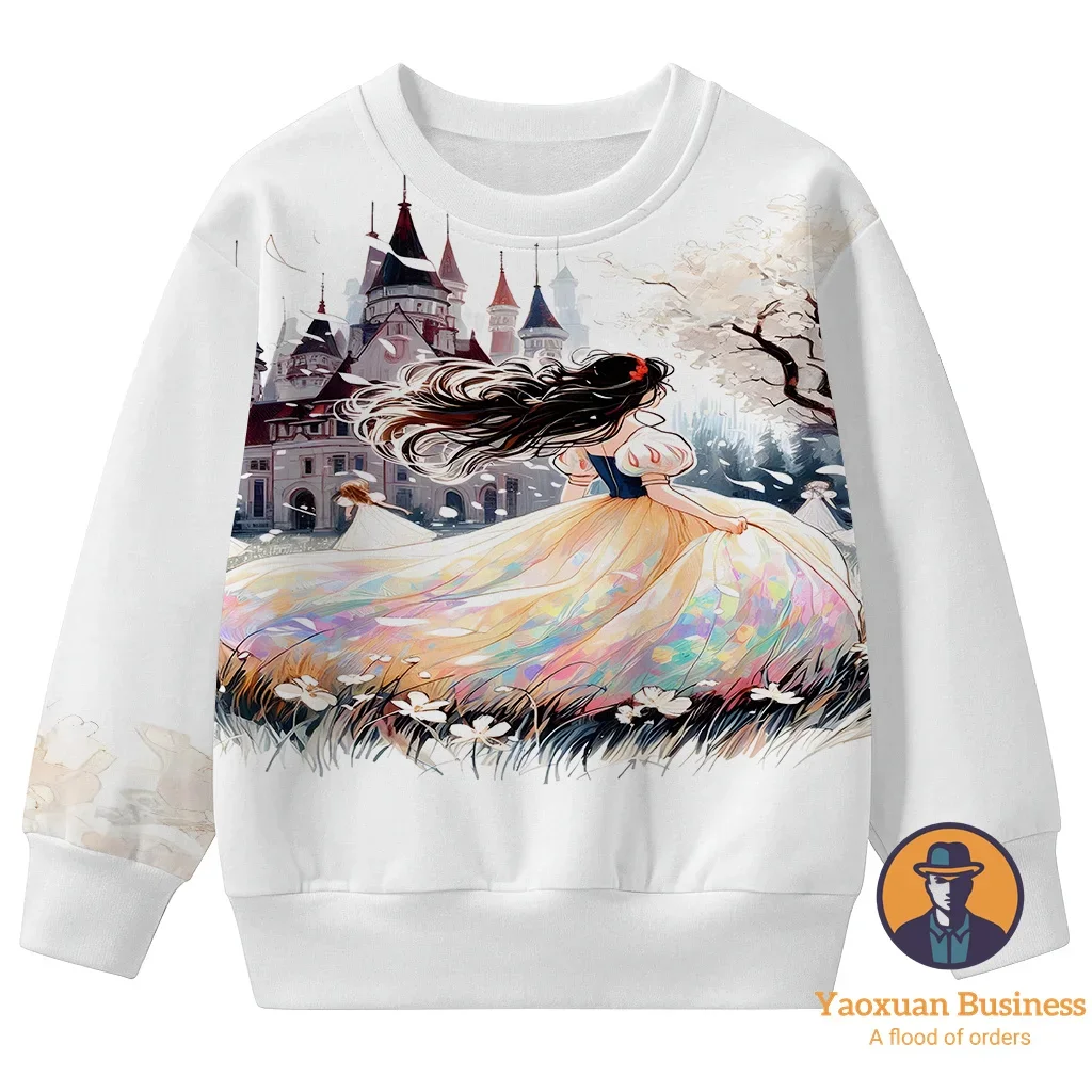 2025 رائجة البيع سنو وايت ليتل بنات بنين ثلاثية الأبعاد الكرتون طباعة طاقم الرقبة البلوز لطيف دافئ يندبروف الخريف الشتاء أنيق ​