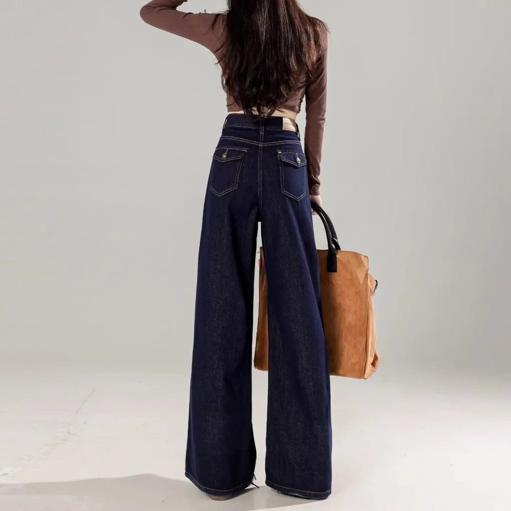 Damskie dżinsy Tannin w kolorze ciemnoniebieskim z szerokimi nogawkami, z wysokim stanem, o prostym kroju, luźne, zwiewne spodnie na wiosnę i jesień.