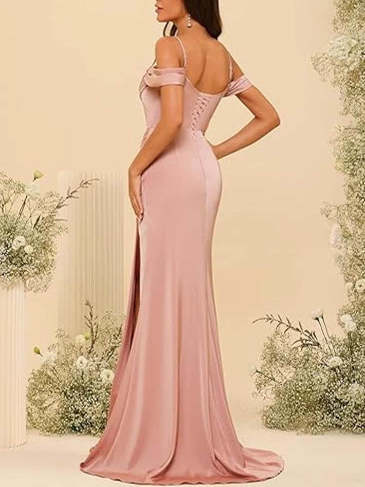 Off-the-shoulder Satin Bridesmaid Dresses Long Fishtail Waist Slit Slim Fit Evening Dress Women Formal Banquet Party Maxi Dress