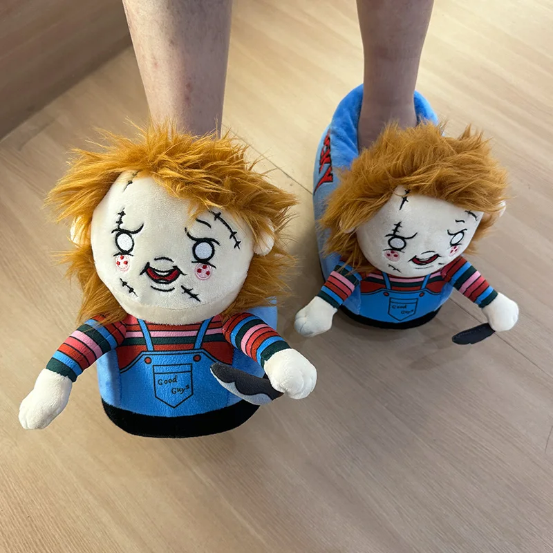 Highland Cow Chucky Plush Slippers with Keychain Halloween Horror Fluffy House Shoes Horrific Slippers Birthday Gifts