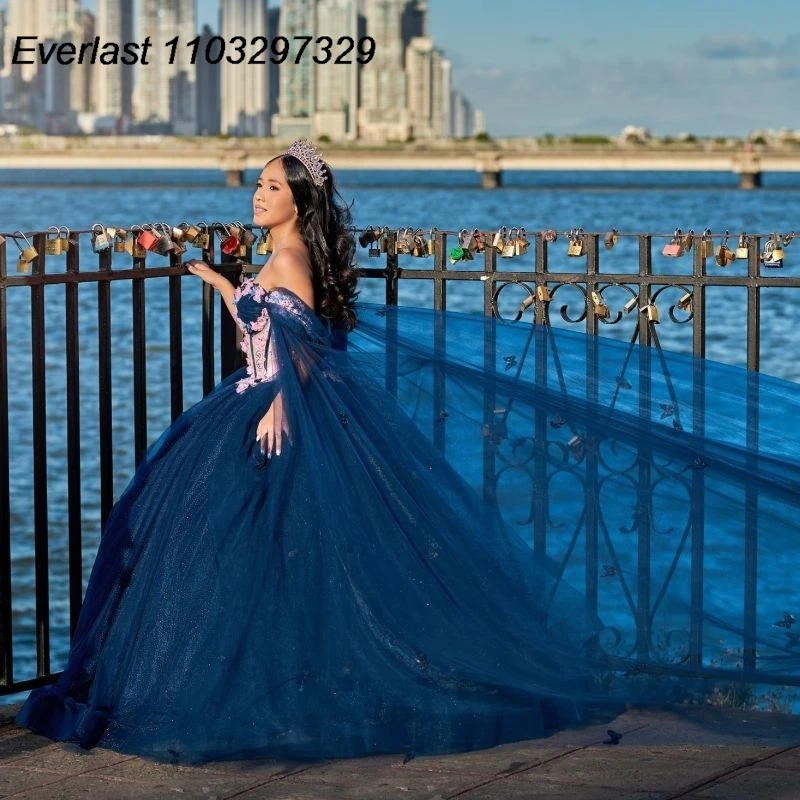 

EVLAST Customized Mexican Navy Blue Quinceanera Dress Ball Gown Pink Floral Applique Cape Sweet 16 Vestido De 15 Anos TQD555