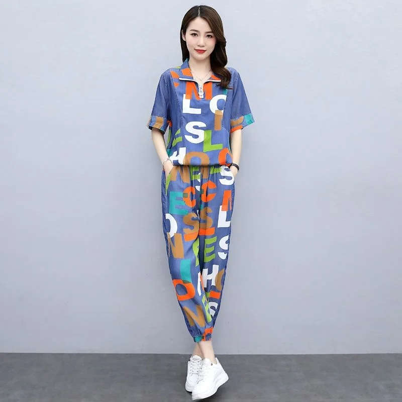 Women\'s Casual Sports Suit 2022 Spring Summer New Clothes Mercerized Denim Loose Printing Short Sleeves Tops Pants Two Piece Set