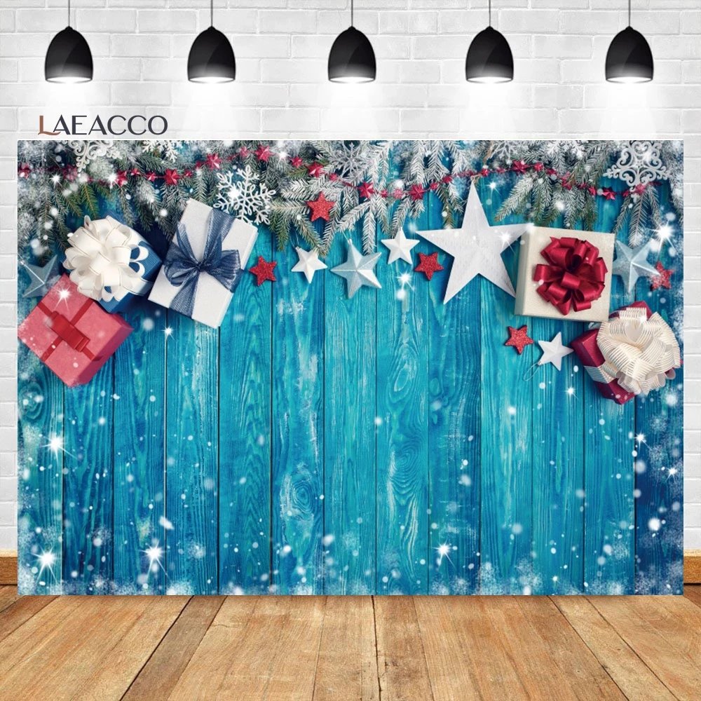 Laeacco Christmas Wood Wall Backdrop Winter Snow Wooden Board Pine Branches Lights New Year Family Party Photography Background