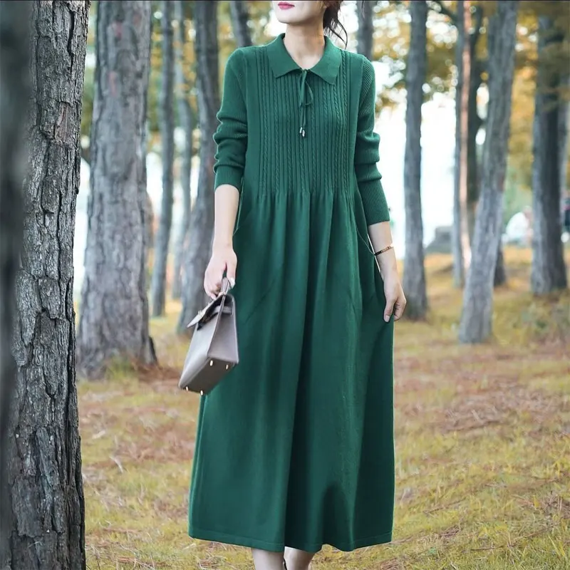 Basic Turn-down Collar Knitted Dresses Female Clothing Casual Solid Color Autumn Winter Commute Fashion Drawstring Long Dress