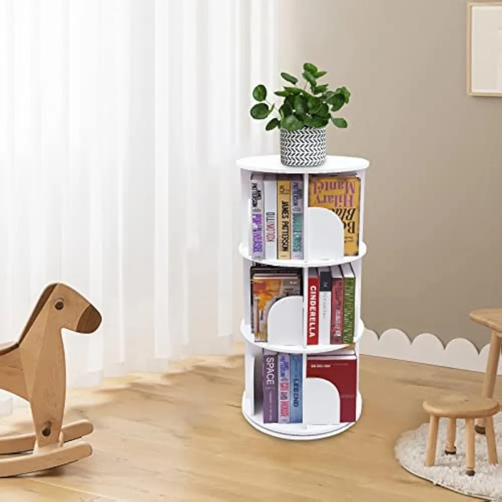 3-stufiges 360° °   Rotierendes Bücherregal, Turm, Eck-Bücherregal, PVC, schmales Bücherregal, Organizer für Schlafzimmer, Wohnzimmer, Weiß