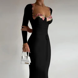 Women Fashion Bandage Lace-up Party Dress Casual Long Sleeve Solid Bodycon Dress Elegant Square Collar Chest Applique Long Dress