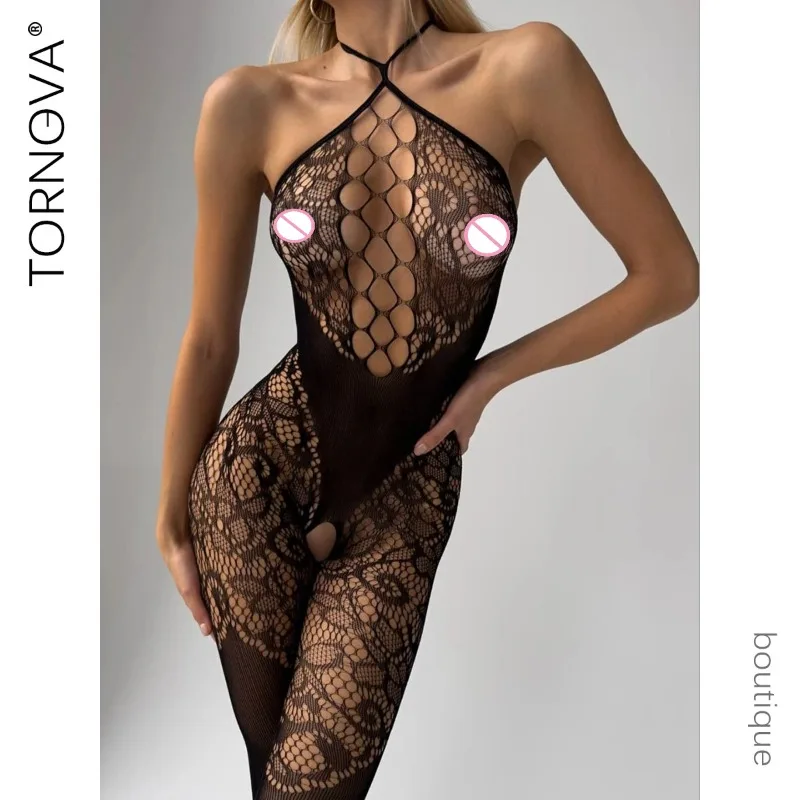 

Tornova Sexy Plunge Women Hollow Out See-through Mesh Interesting Halter One-piece Net Socks Wrap Dress Lace Solid Colorsexy Set