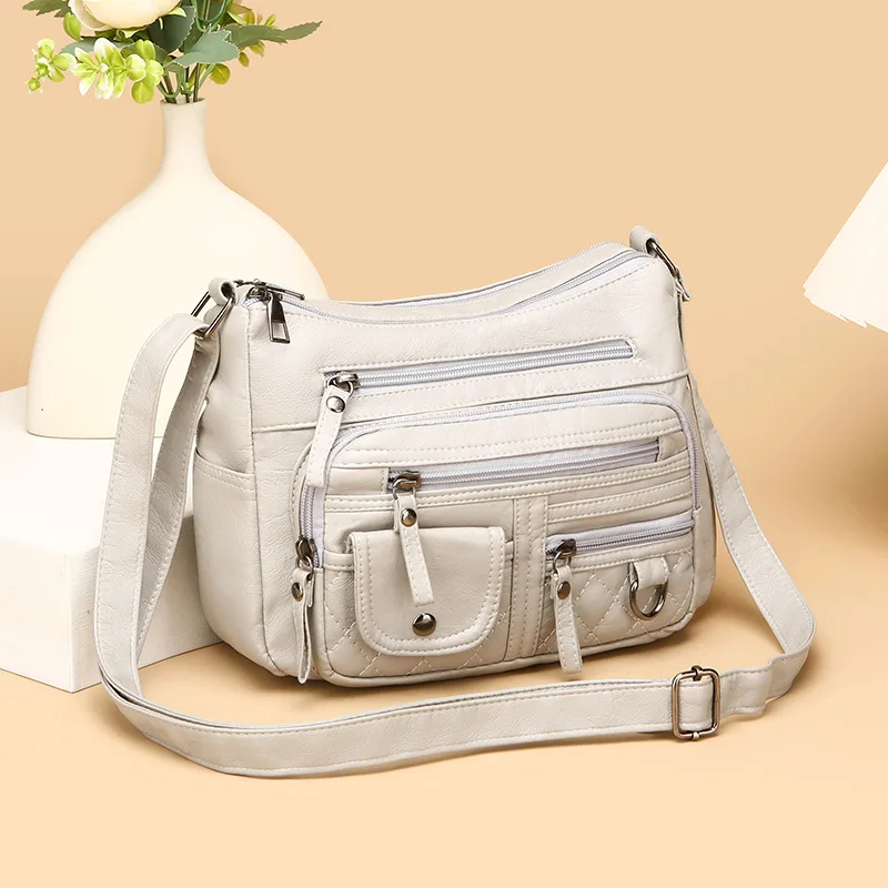 Classic Soft Leather Multi Pocket Cross Bags Multi Layer Zipper Pouch Single Messenger Shoulder Bag for Women Work Travel Party