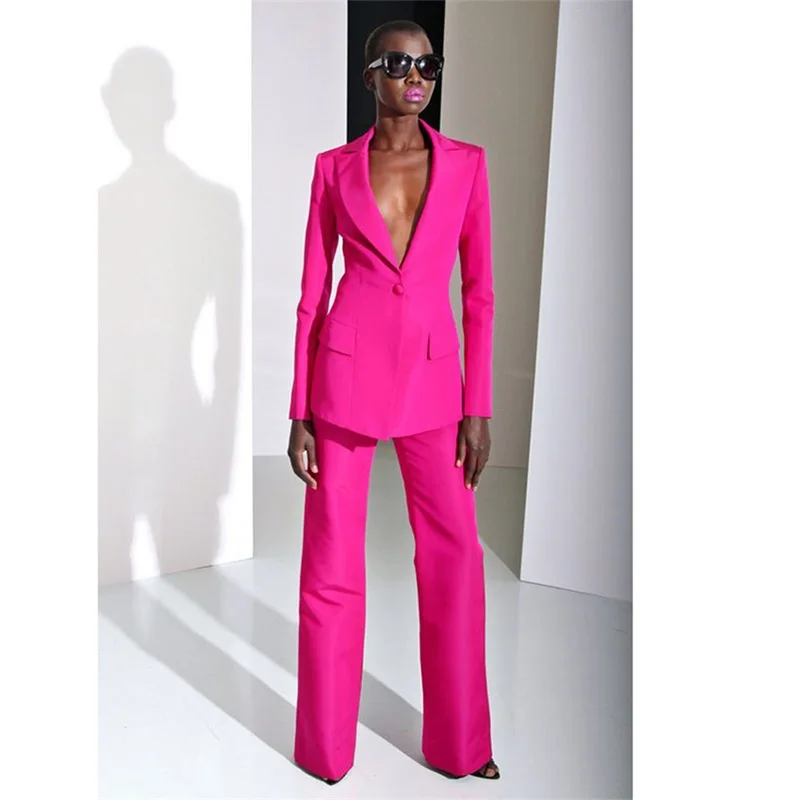 

2 Pieces Sexy Fuchsia Women Suit Set One Button Blazer Pant Formal Fashion Evening Party Prom Dress Deep V Neck Custom Made