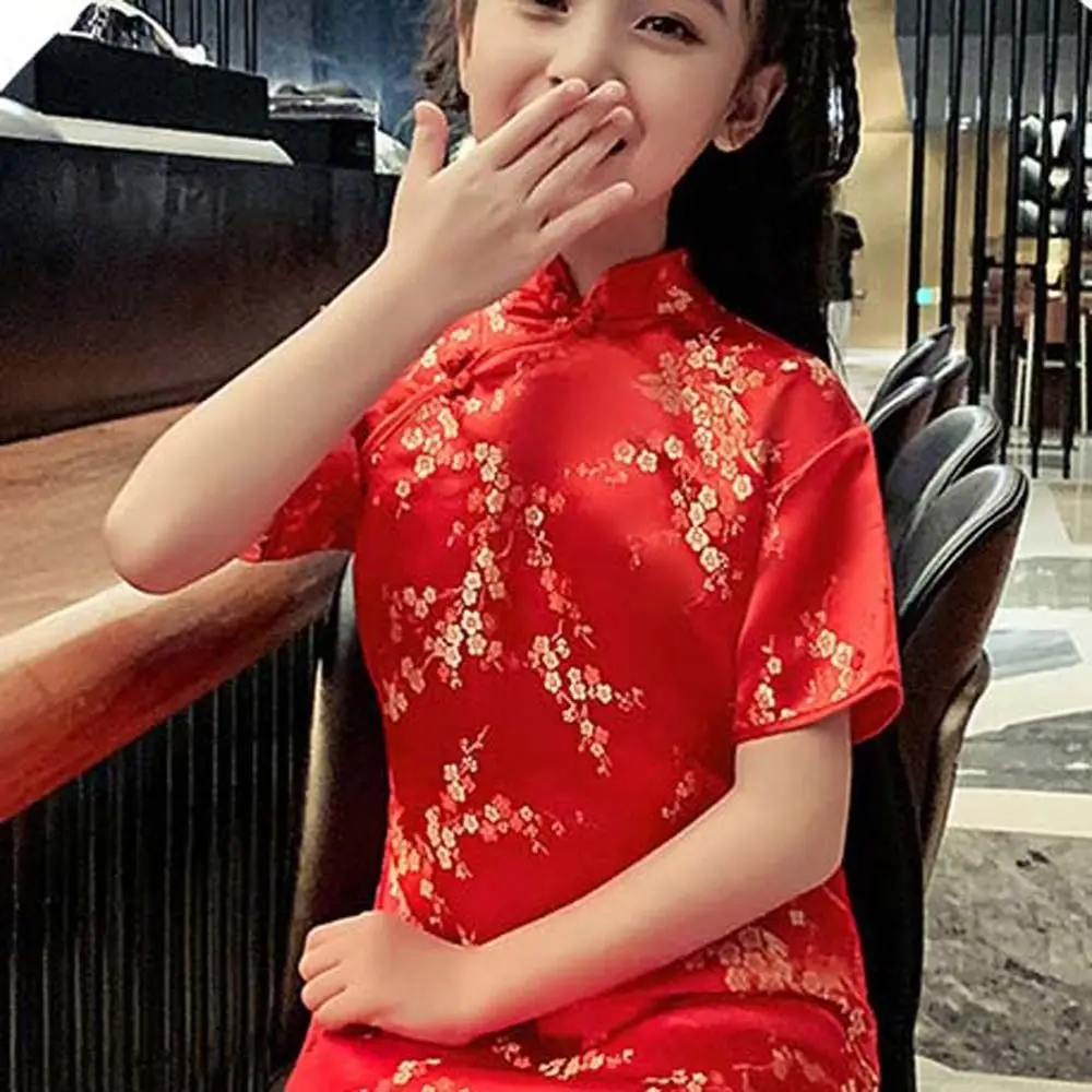 Plum Blossom Pattern Children Cheongsam Short-Sleeved Princess Dress Kids Girls Flower Skirt Polyester Qipao