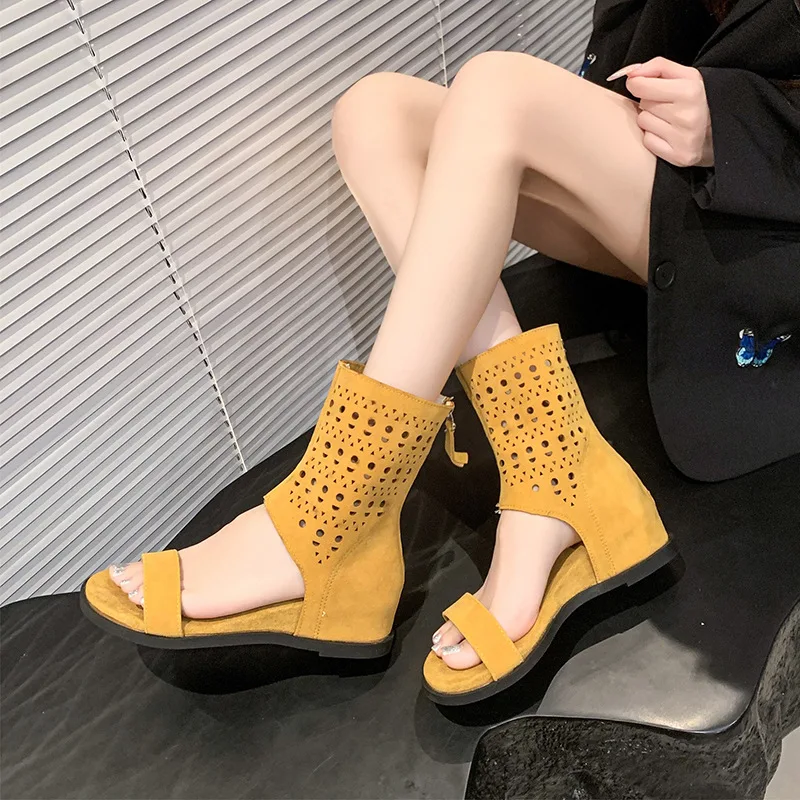 

2025 Summer Hot Selling Women Sandals Hollow Breathable Boots Inner Heightened Roman Shoes Versatile Short Leg Pants Tube Boots