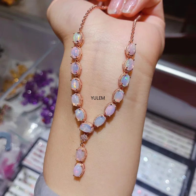 YULEM Classic Silver Opal Necklace for Daily Wear 4mm*6mm 100% Natural Opal Silver Pendant Solid 925 Silver Opal Jewelry