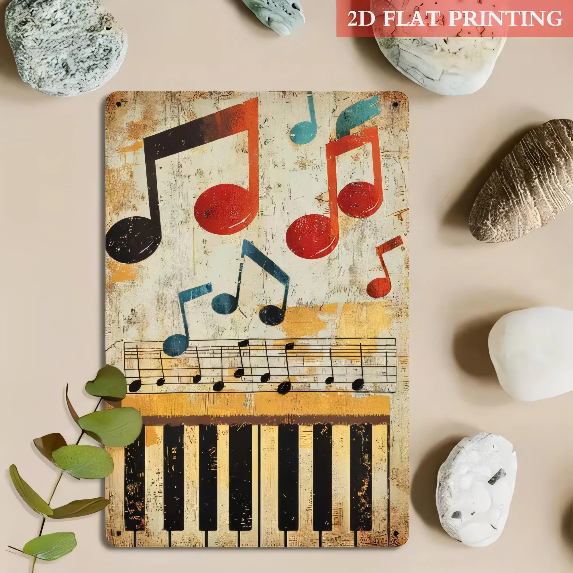 Tin Sign Vintage Music Notes Piano Keys Wall Art 2D Flat Printing Retro Sound Poster Decorative Plaque for Home Bar Cafe Restaur