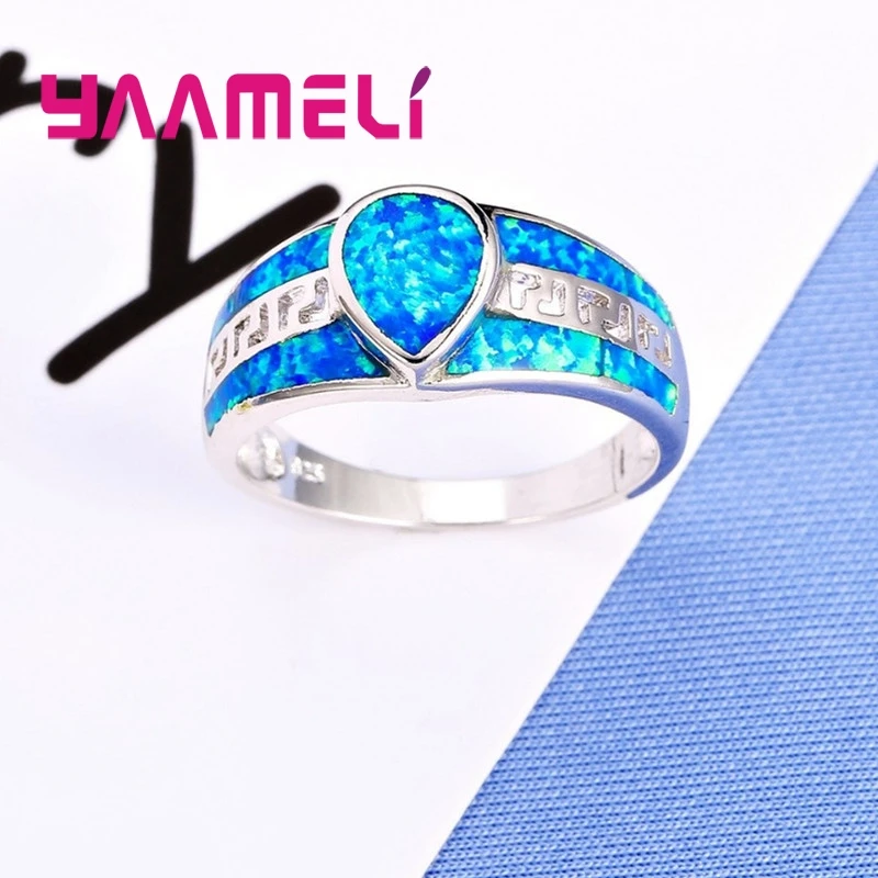 Nice Birthday Gifts for Women Men Water Drop Shaped 925 Sterling Silver Fashion Jewelry Blue Fire Opal Rings High Quality