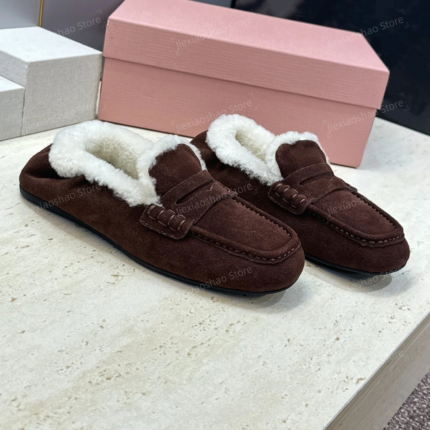 Winter Cow Suede Round-Toe Flat Heel Mary Janes Wool Ballet Dance Shoes Mules Clogs Exclusive Lazy Slip-Ons Loafers Botas Mujer