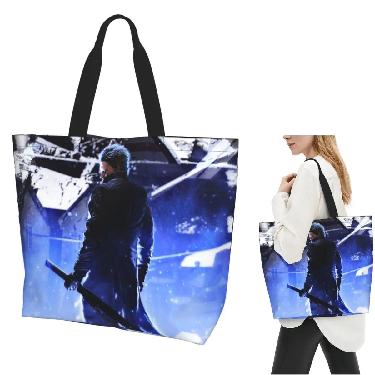Vergil From The Devil May Cry Seri Shopping Tote Bag Canvas Large Capacity Shoulder Bags Shopper Grocery Handbag for Women