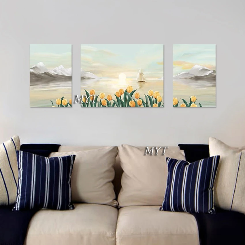 

Flowers Beautiful Scenery Wall Painting Abstract Canvas Art Modern Decor Unframed Picture 3PCS Seascapes With Boats Hand Painted