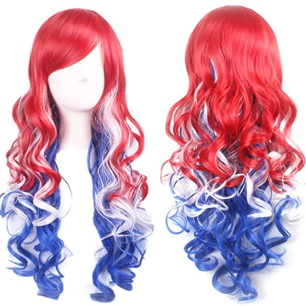 

Патриотический красный, белый, синий, длинный вьющийся парик, женский термостойкий синтетический парик для косплея, вечеринки, Хэллоуина, модный натуральный парик