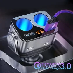 Car Cigar Jack Socket Adapter 12V 66W Auto Cigarette Lighter QC3.0 Fast Charger Dual USB PD Socket Splitter