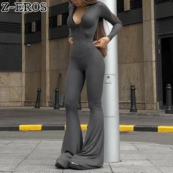 Z-EROS Autumn/Winter New Long Sleeved Flare Pants Slim Fit Spicy Girl Zipper Jumpsuit Women's Round Neck Street Fashion Cool Set