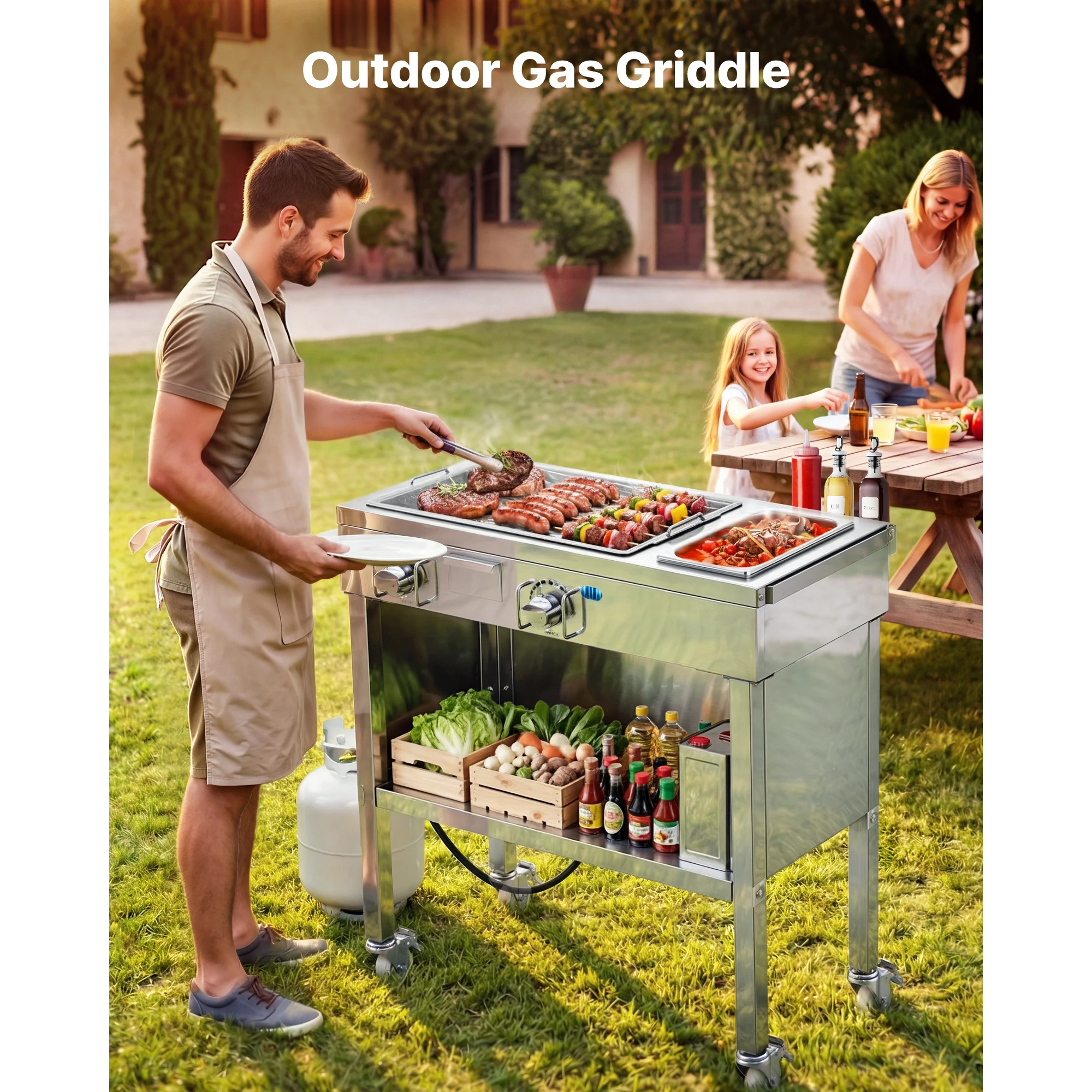 Outdoor Propane Griddle, 2 Burners (11,600 BTU Each), Commercial Stainless Steel Gas Griddle Cart with 4 Lockable Wheels, 1/3 Food Pan, Easy-Grip Side Handle, Burgers & Meats, Ideal for Hot Dogs