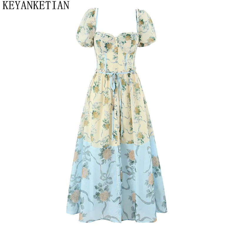 KEYANKETIAN Summer New Women's Bubble Short Sleeved Flower Printed Color Blocked Dress A-line Long Skirt