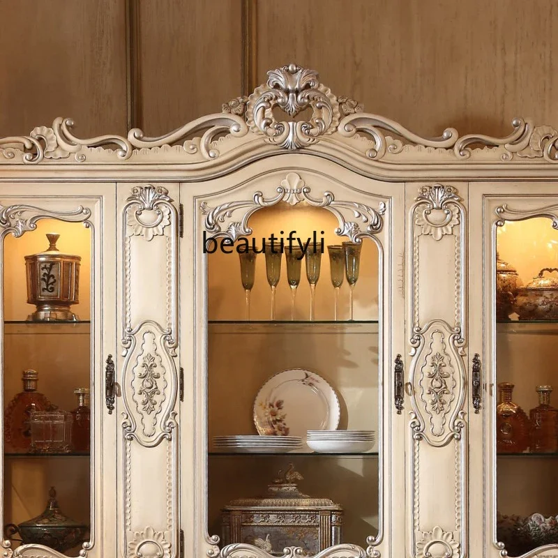 xxxEuropean Luxury Four-Door Wine Cabinet American Carved Cabinet for Accessories  Dining Room Side Cabinet Glass furniture