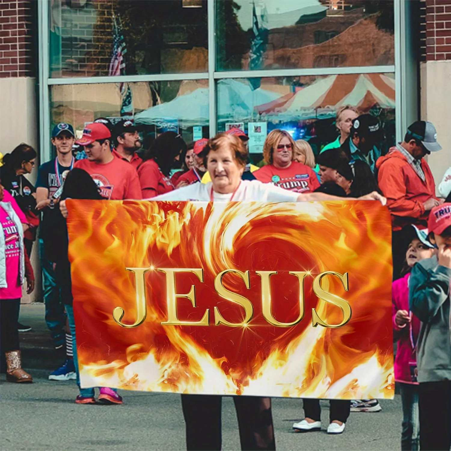Jesus Flame Church Flag Outdoor Religious Decoration with Golden Lettering Weatherproof Banner for Worship Services Christian