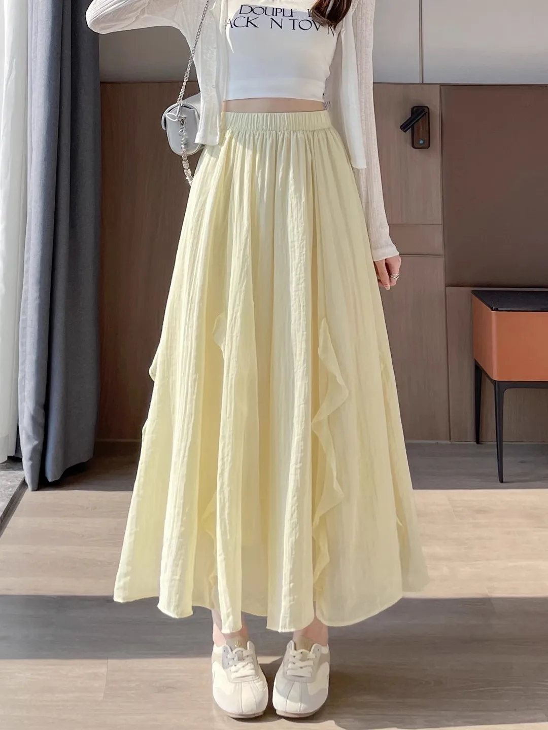 Yellow Cotton Linen Gored Skirt Women's High Waist A-Line Long Skirt Summer Season Floral Lace Hemline Versatile Pear Shaped ...