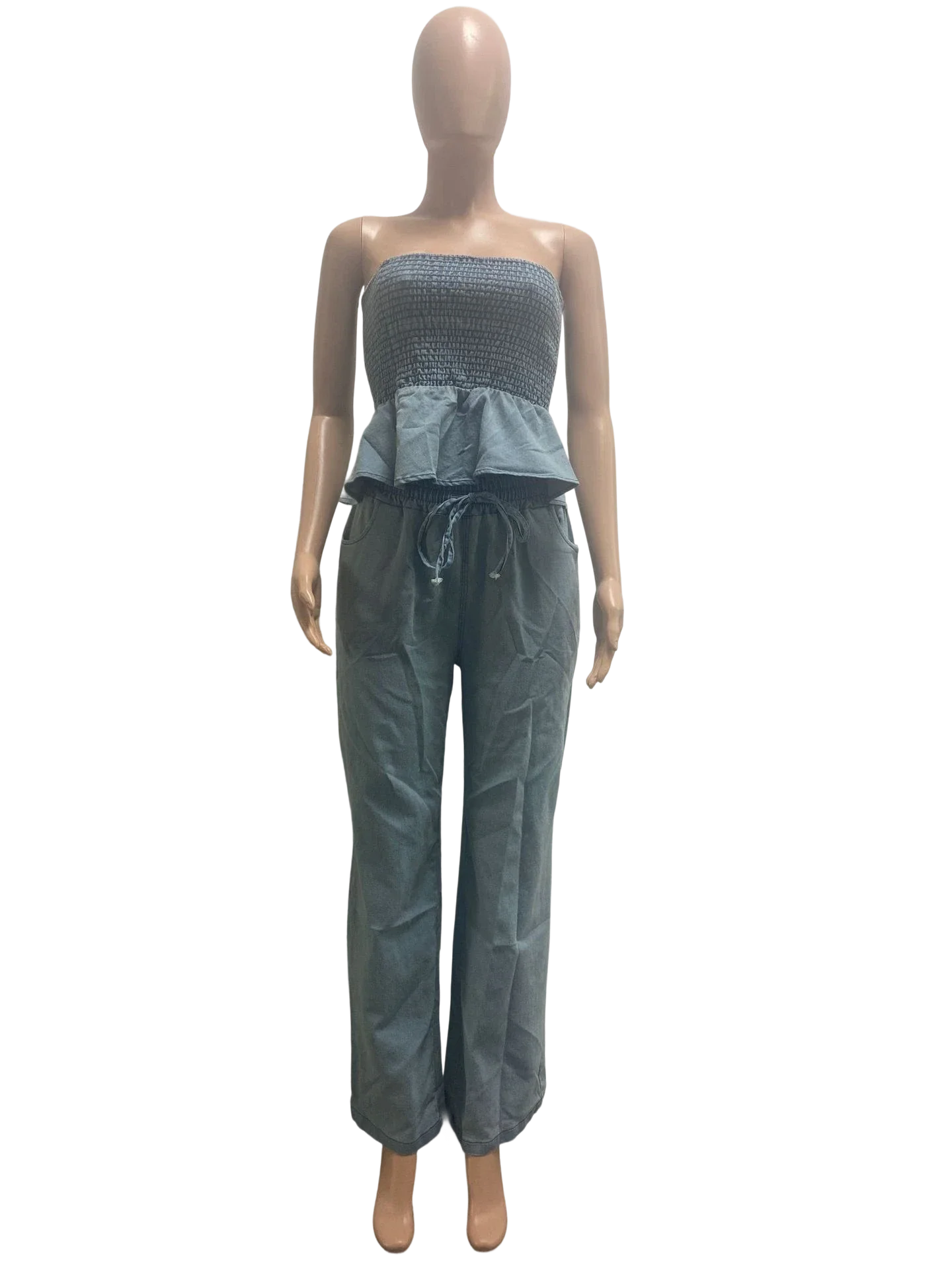 Moda europeia e americana casual babados tubo top jeans stretch sexy terno de perna larga