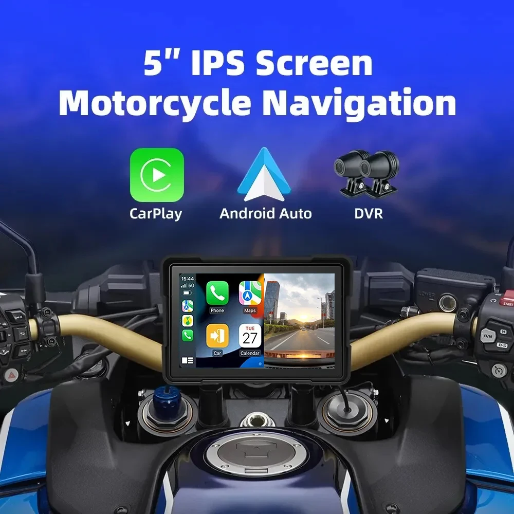 BT Music 5 inch  Nevegetor Motorcycle Carplay WaterProof WiFi Wireless Android-Auto DVR Monitor Dash Camera GPS Navigation TPMS