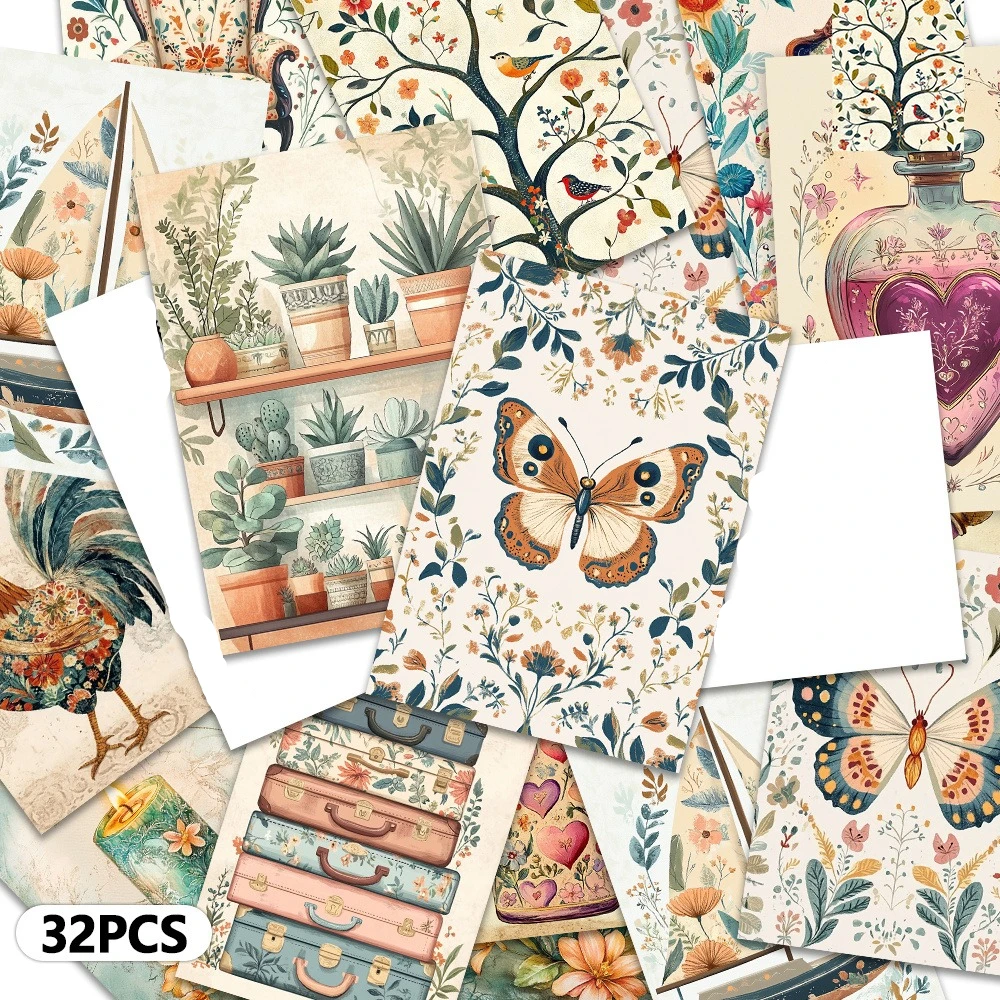 32pcs Fresh Countryside Style Postcards, vintage Floral and Plant Art Cards, Birthday/Bedroom Decoration Cards