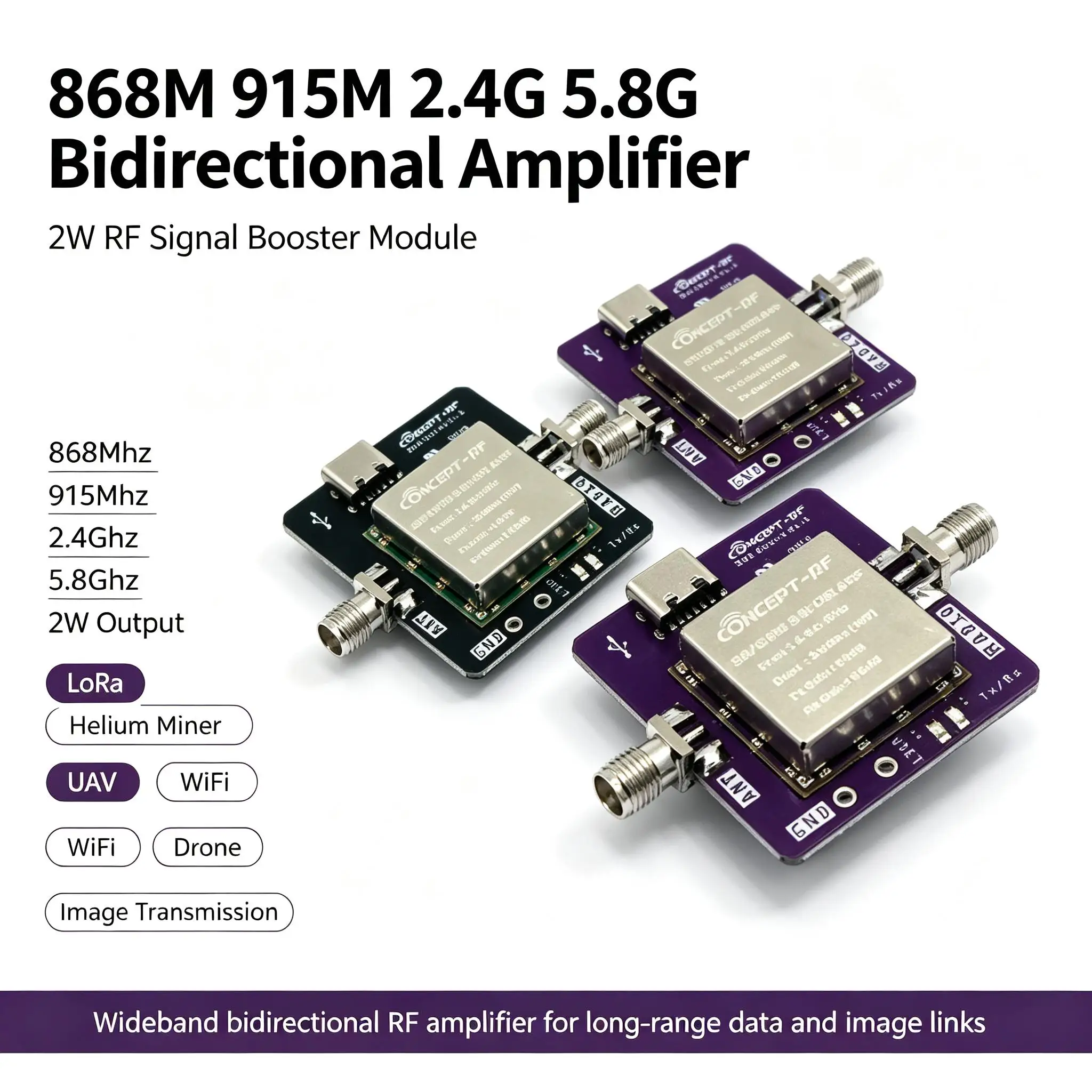 DYKB 2W RF Signal Booster Bidir Amplifier 868Mhz 915Mhz 2.4Ghz 5.8Ghz FOR LORA Helium Miner UAV WiFi Drone Image Transmission 2W