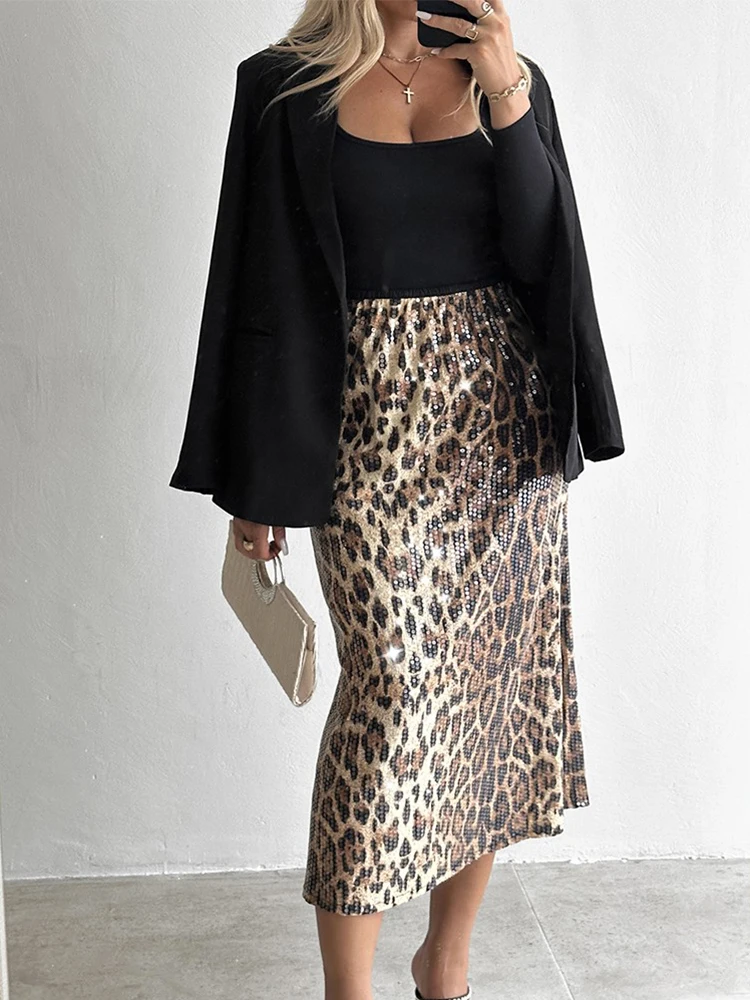 Leopard Pattern Allover Sequin Skirt