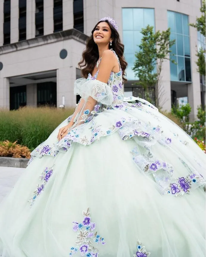 Pastel Paradise Pprincess Quinceanera Dresses with Remove Long Sleeve 3D Floral Embroidery vestidos debutantes 15 anos