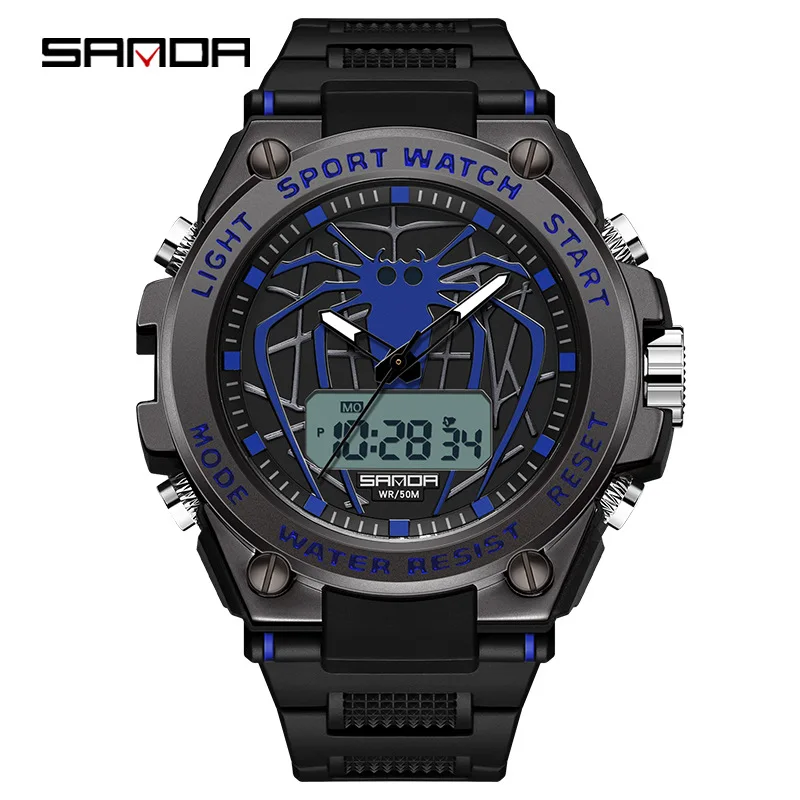 SANDA Spider Men's Watch Waterproof, Luminous, Shockproof, and Anti Drop Dual Time Display Large Dial Student Electronic Watch