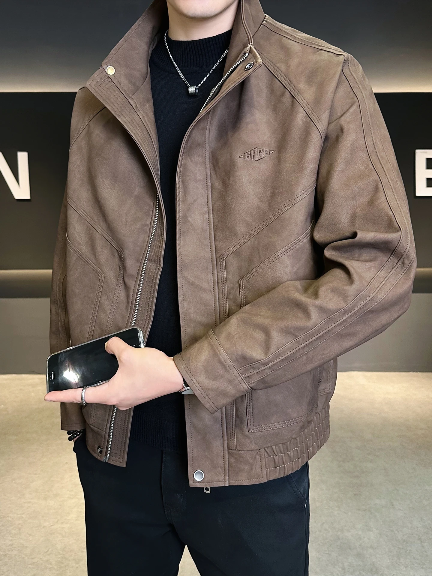 

Casual Leather Jaet Men's Autumn 2025 New Trend Brand Haome Stand Collar Leisure irt Versatile Spring Autumn Men's Jaet