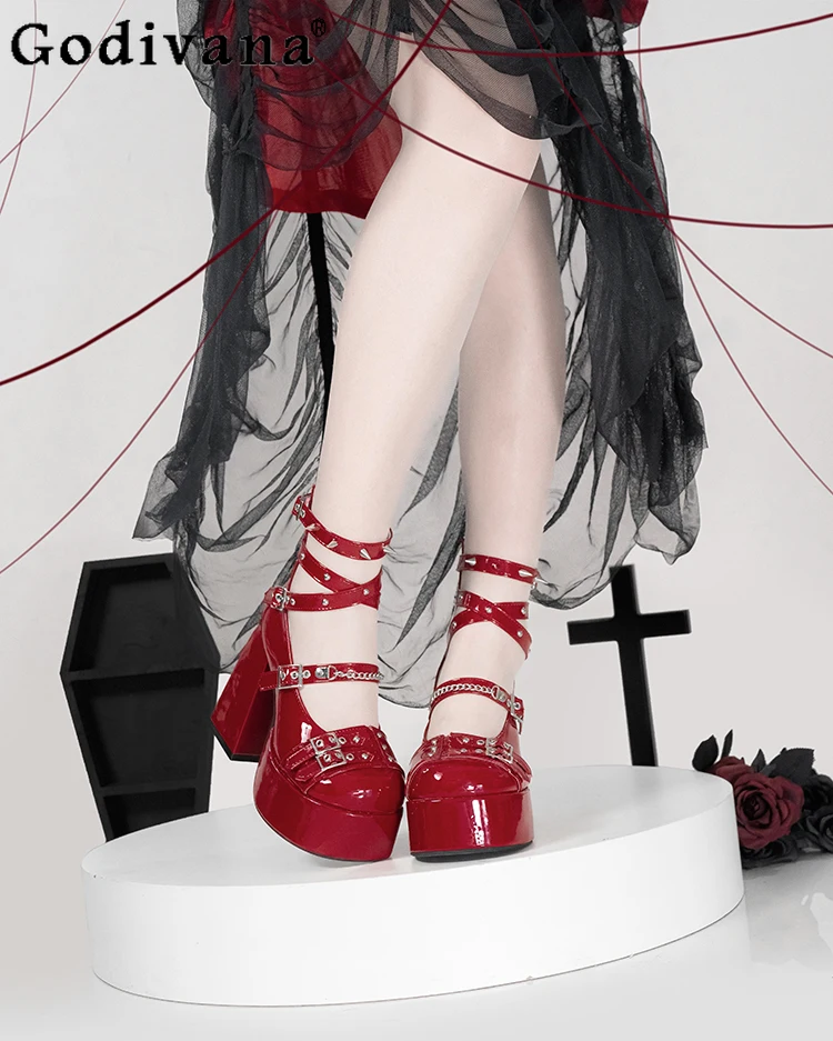 

Original Lolita Japanese Rivet Straps High Heels Y2k Subculture Punk Goth Patent Leather Jk Uniform Mary Jane Women's Shoes